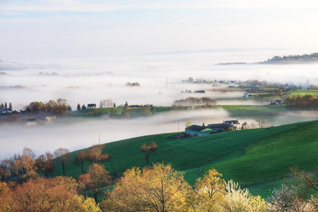 the french country-side at the base of the Pyrenees on a beautiful autumn misty morning